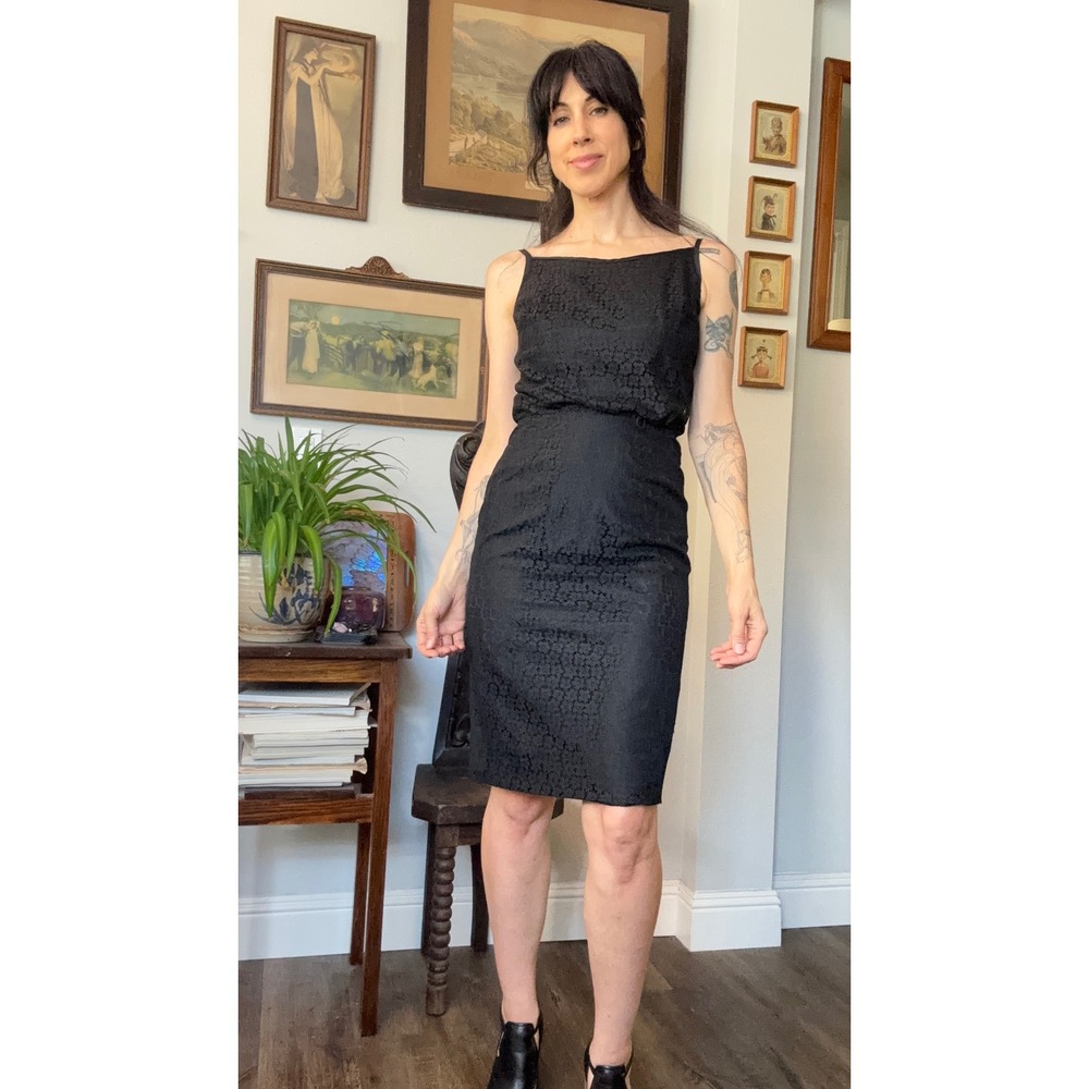 Vintage 60s Black Floral Lace Cocktail Dress Spaghetti Strap Sheath Blouson M